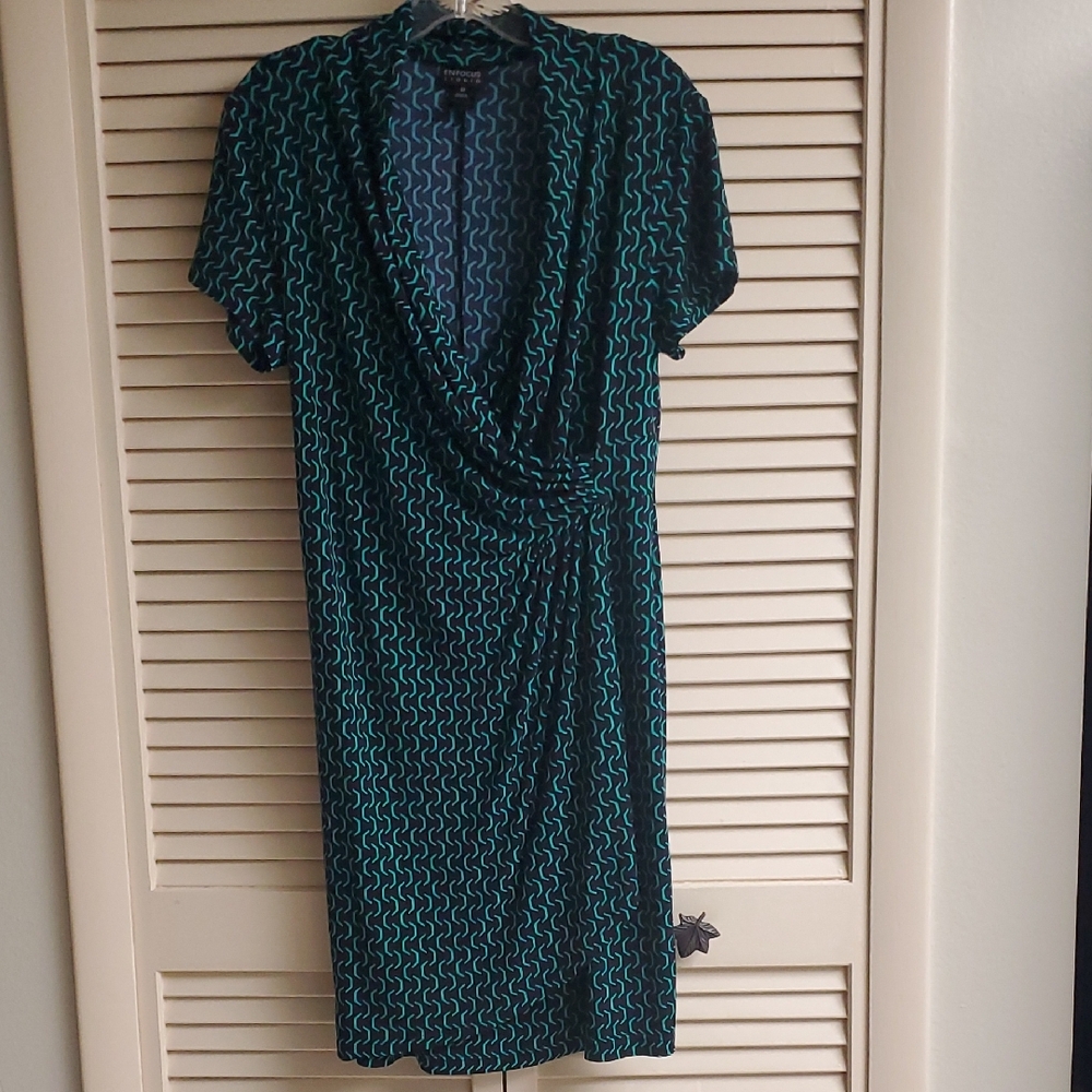 Enfocus Studio Black & Teal Wave-Print Faux Wrap Midi Dress